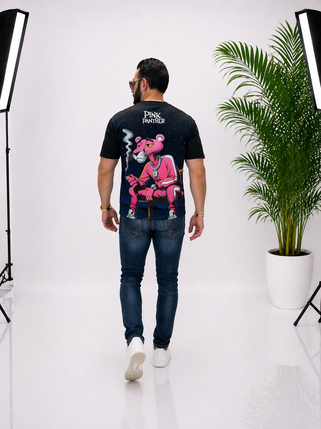 Tricou unisex oversize elegant, cu imprimeu PINK PANTER pe față și spate, din 95% bumbac și 5% lycra