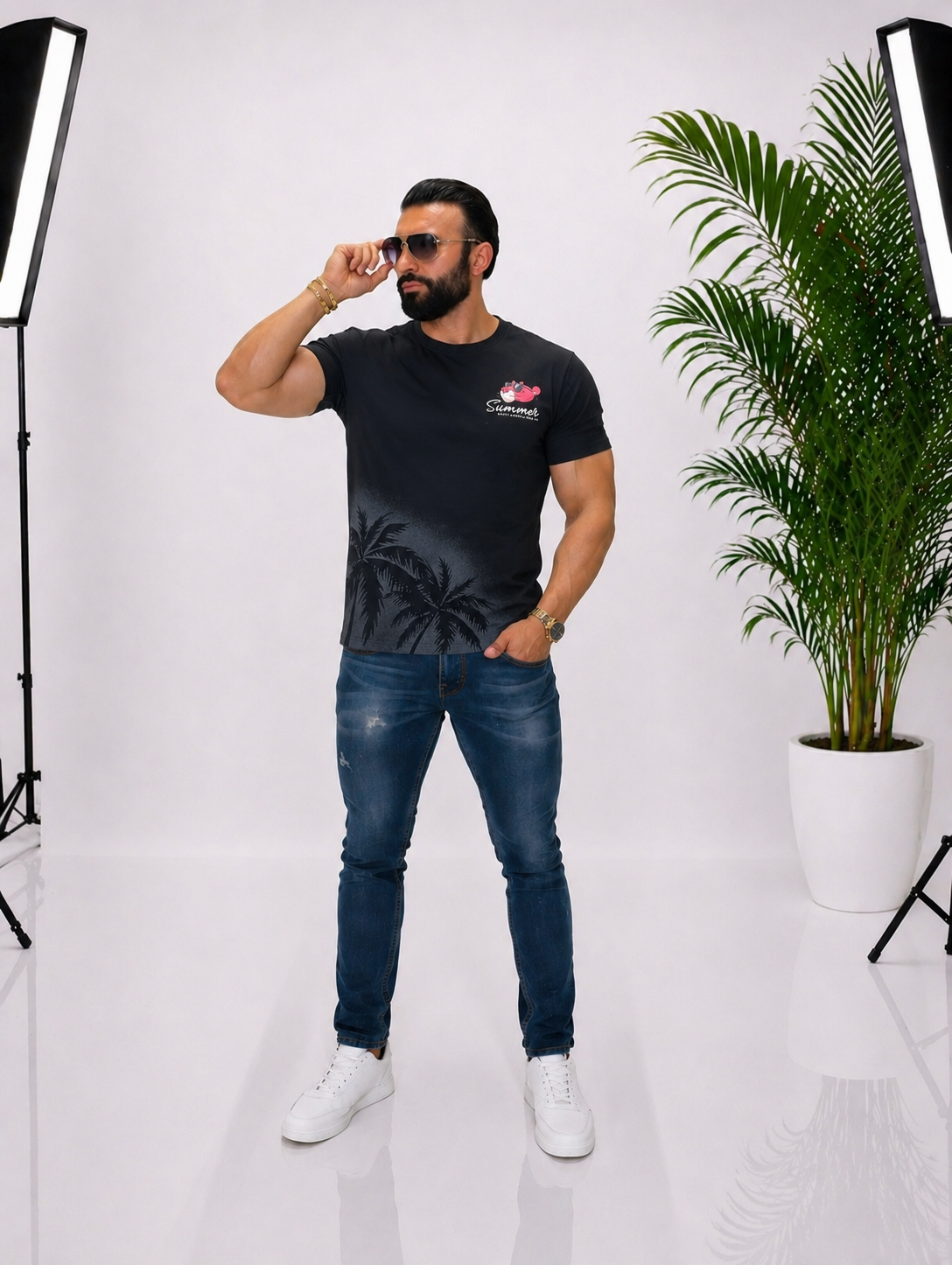 Tricou bărbătesc negru PINK PANTER cu imprimeu frontal și spate, 95% bumbac 5% lycra, stil streetwear premium