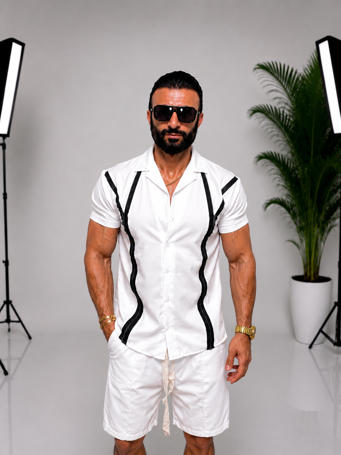 Set bărbătesc casual cu cămașă și pantaloni scurți Alb – Design modern cu detalii contrastante