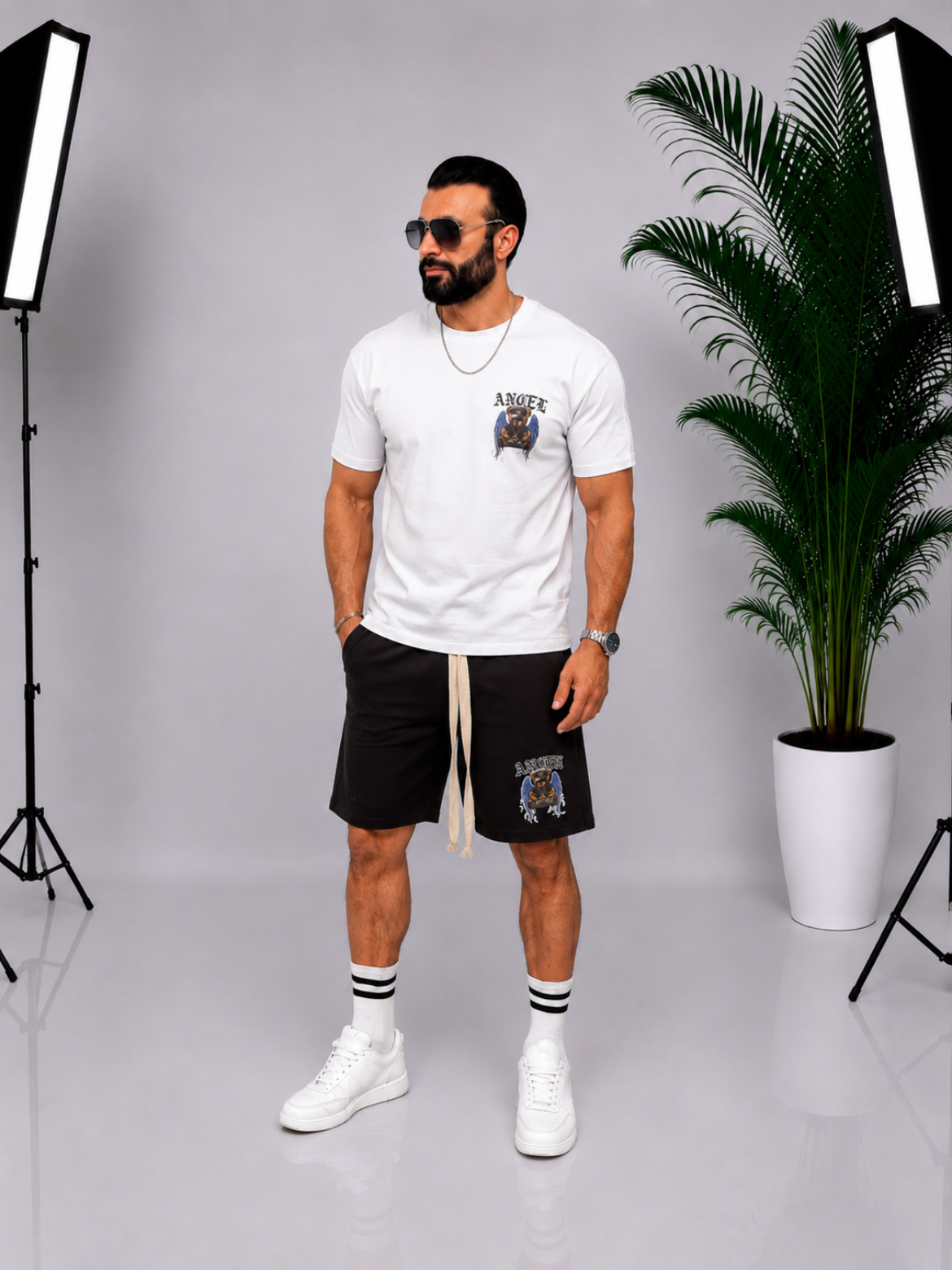 Set bărbătesc alb-negru cu imprimeu Angel Bear – Tricou și pantaloni scurți casua