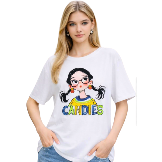 Tricou Damă Alb cu Imprimeu CANDIES