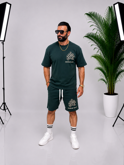 Set sport bărbătesc Made by Gotti verde închis – Tricou și pantaloni scurți din bumbac cu imprimeu premium