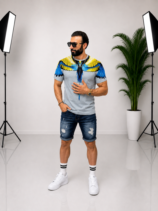 Tricou bărbătesc cu imprimeu grafic față-spate – Aripi de papagal tropical