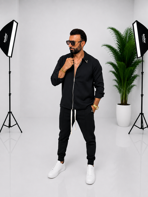 🖤 SET BĂRBĂTESC CU CĂMAȘĂ CU FERMOAR ȘI PANTALONI – SIMBOL „V” | STIL MODERN