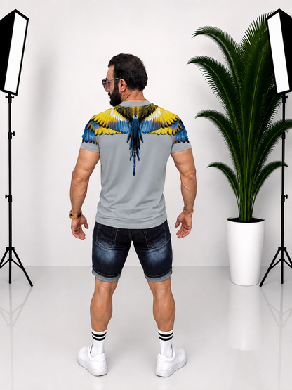 Tricou bărbătesc cu imprimeu grafic față-spate – Aripi de papagal tropical