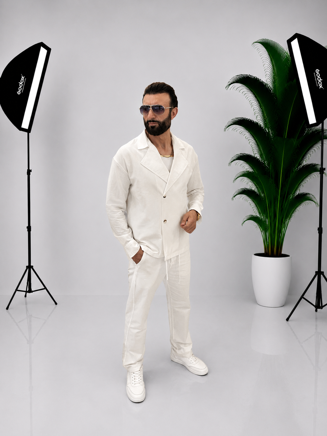 Compleu Barbati Elegant din 100% Bumbac-Sacou si Pantaloni Albi