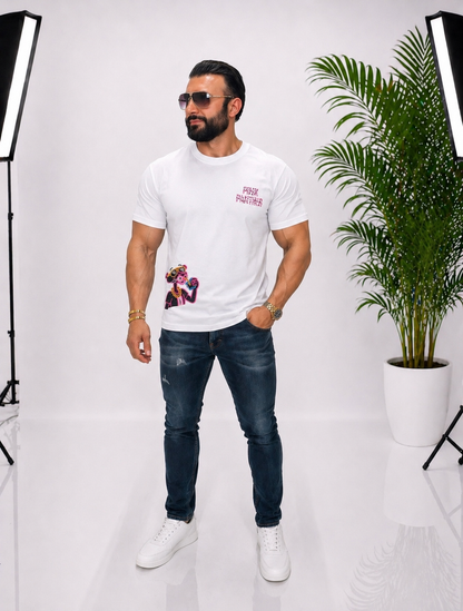 Tricou bărbătesc alb Pink Panther cu imprimeu frontal și spate, 95% bumbac 5% lycra, stil streetwear premium
