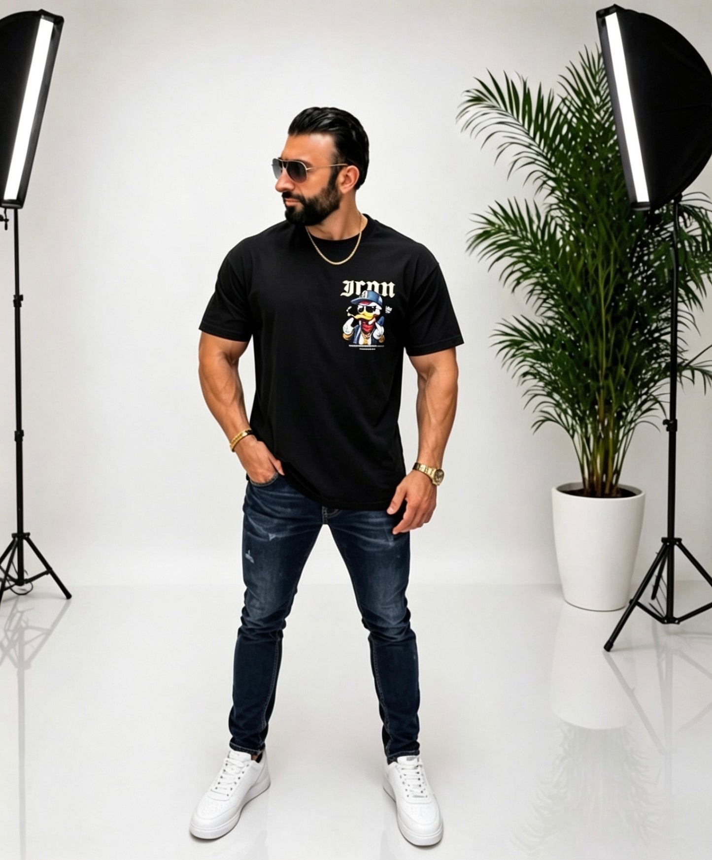 Tricou bărbătesc negru cu imprimeu frontal și spate, 95% bumbac 5% lycra, stil streetwear premium