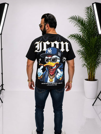 Tricou bărbătesc negru cu imprimeu frontal și spate, 95% bumbac 5% lycra, stil streetwear premium