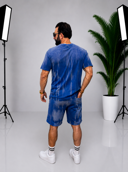 Set bărbătesc casual albastru – Tricou și pantaloni scurți cu efect tie-dye