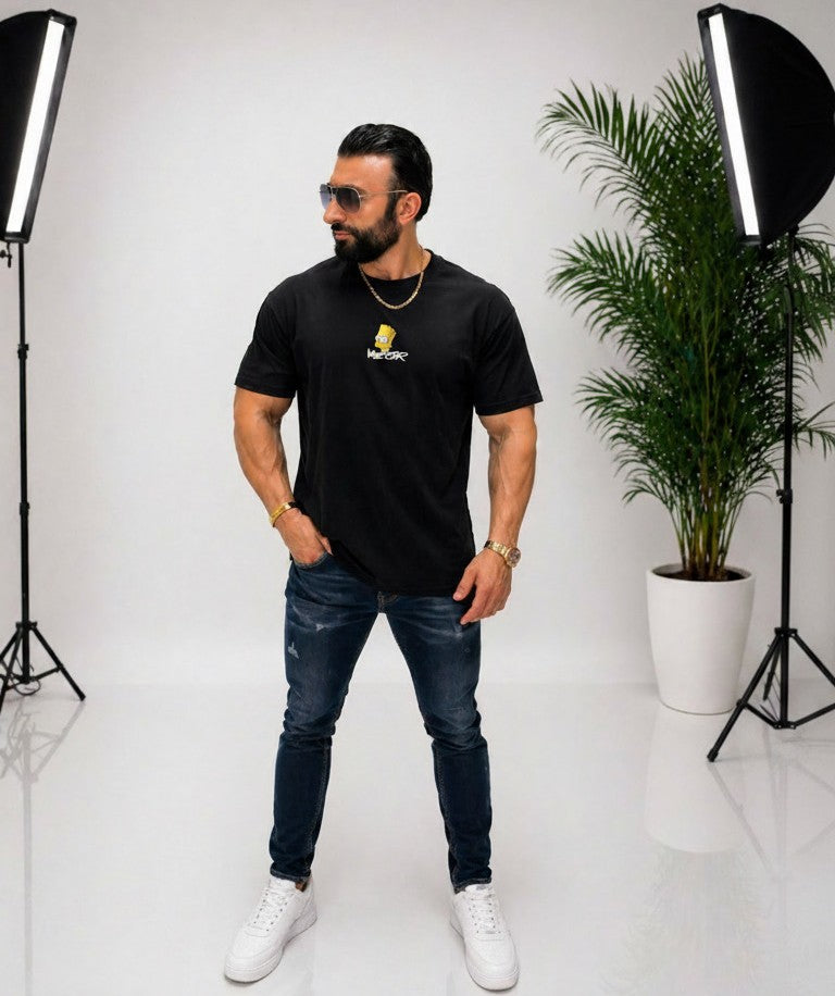 Tricou bărbătesc negru Simpsons cu imprimeu frontal și spate, 95% bumbac 5% lycra, stil streetwear premium