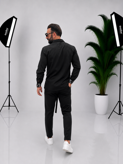 Set bărbătesc negru din bumbac 100% cu detalii contrastante – Elegant și modern