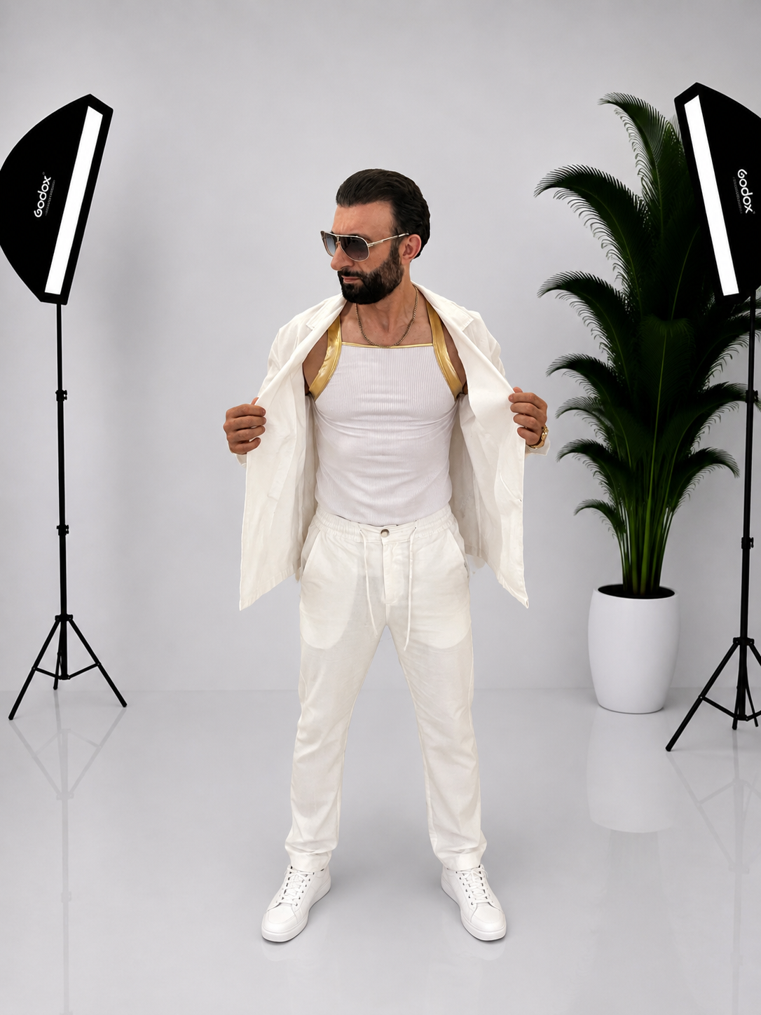 Compleu Barbati Elegant din 100% Bumbac-Sacou si Pantaloni Albi