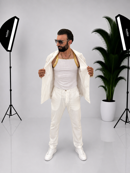 Compleu Barbati Elegant din 100% Bumbac-Sacou si Pantaloni Albi