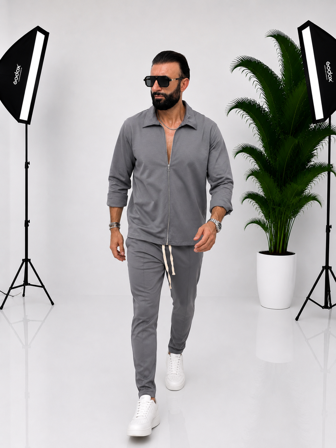 SET BĂRBĂTESC GRI CU FERMOAR INTEGRAL – MODERN, SPORT-ELEGANT ȘI CONFORTABIL