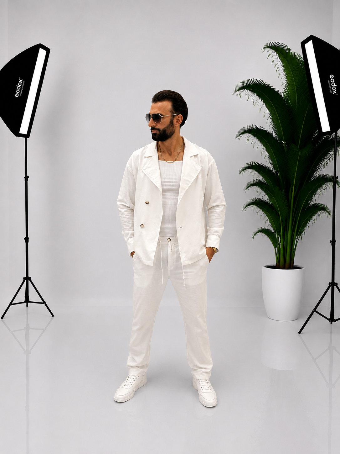 Compleu Barbati Elegant din 100% Bumbac-Sacou si Pantaloni Albi