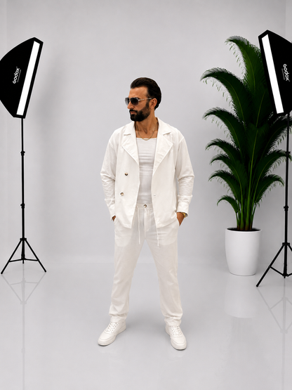 Compleu Barbati Elegant din 100% Bumbac-Sacou si Pantaloni Albi