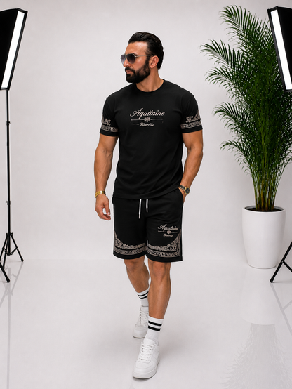 Set bărbătesc din 95% bumbac și 5% lycra, cu imprimeu în față și pe spate