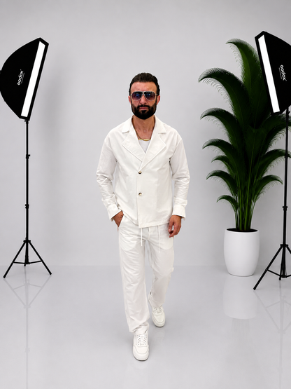 Compleu Barbati Elegant din 100% Bumbac-Sacou si Pantaloni Albi