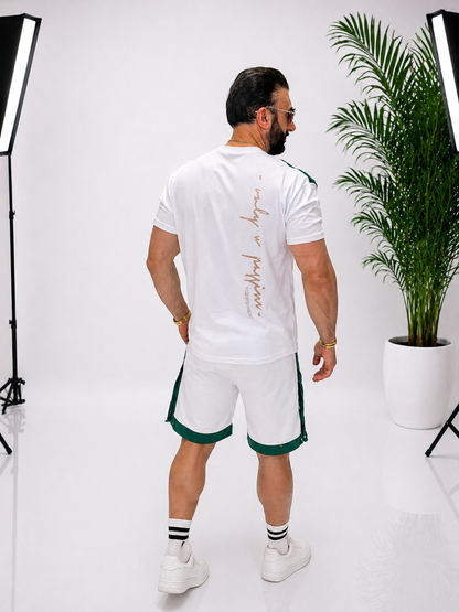 Set bărbătesc alb-verde (tricou + pantaloni scurți) cu design modern MADE BY BAMENO