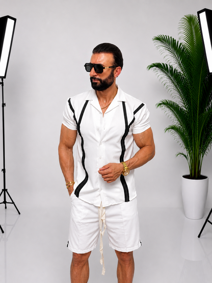 Set bărbătesc casual cu cămașă și pantaloni scurți Alb – Design modern cu detalii contrastante