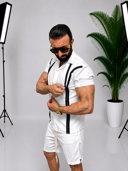 Set bărbătesc casual cu cămașă și pantaloni scurți Alb – Design modern cu detalii contrastante