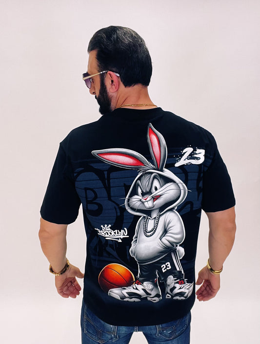 Tricou negru din bumbac 95% și elastan 5% cu imprimeu  față-spate