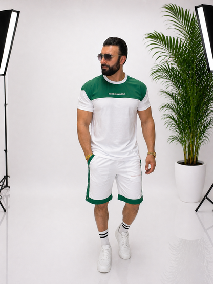 Set bărbătesc alb-verde (tricou + pantaloni scurți) cu design modern MADE BY BAMENO