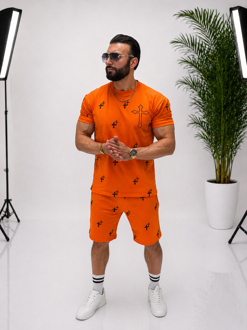 🧡 Set bărbați tricou + pantaloni scurți – stil modern cu imprimeu cruce