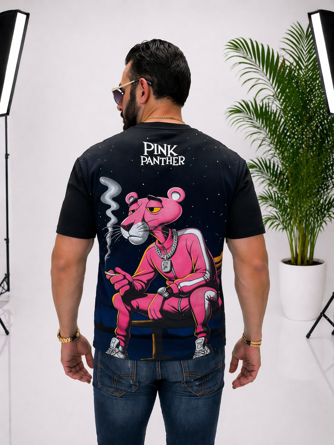 Tricou unisex oversize elegant, cu imprimeu PINK PANTER pe față și spate, din 95% bumbac și 5% lycra