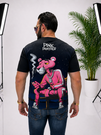 Tricou unisex oversize elegant, cu imprimeu PINK PANTER pe față și spate, din 95% bumbac și 5% lycra