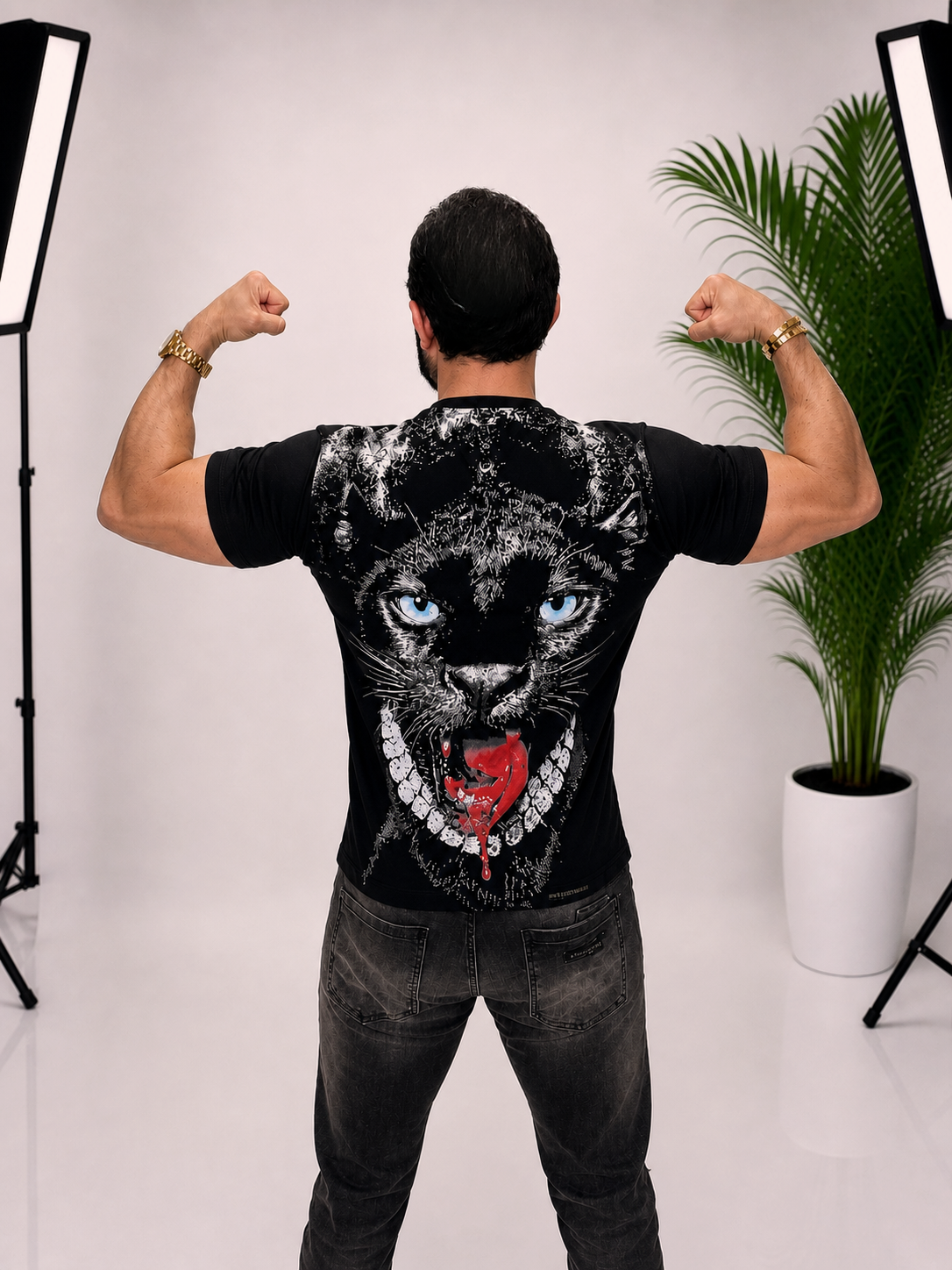 Tricou unisex oversize din 100% bumbac, cu imprimeu panteră neagră pe față și spate