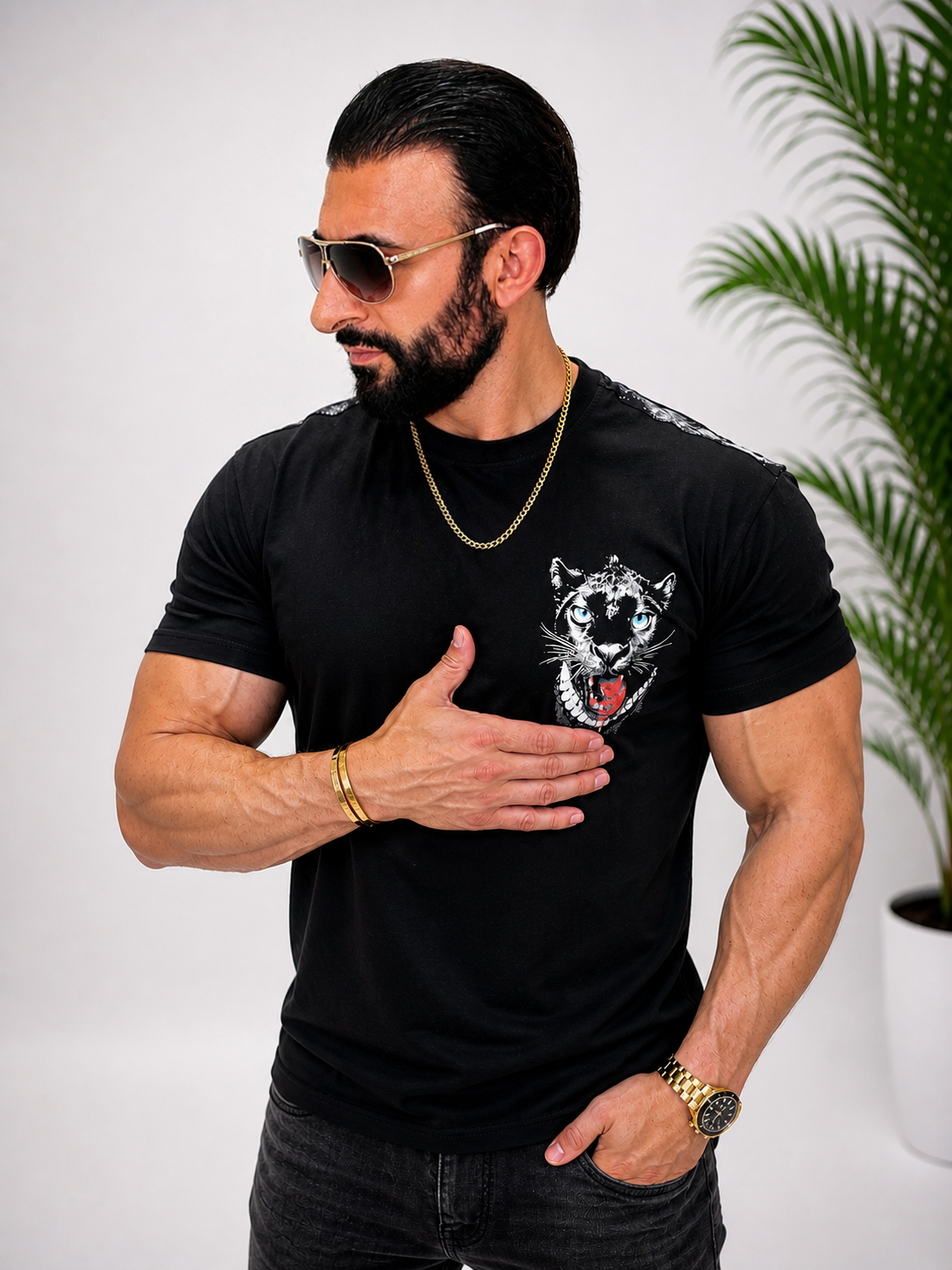 Tricou unisex oversize din 100% bumbac, cu imprimeu panteră neagră pe față și spate