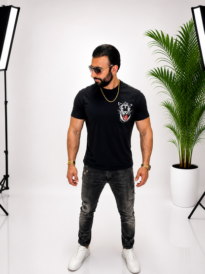 Tricou unisex oversize din 100% bumbac, cu imprimeu panteră neagră pe față și spate