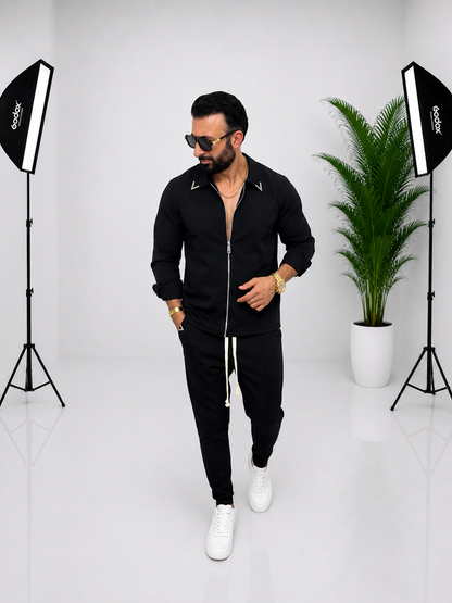 🖤 SET BĂRBĂTESC CU CĂMAȘĂ CU FERMOAR ȘI PANTALONI – SIMBOL „V” | STIL MODERN