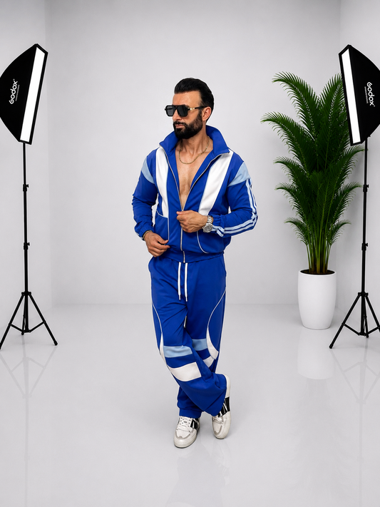 💙 SET BĂRBĂTESC SPORT-ELEGANT DIN 90% BUMBAC – ALBASTRU CU DETALII MODERNE