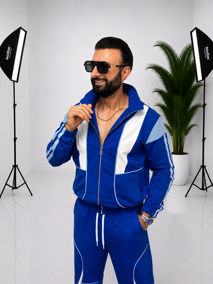 💙 SET BĂRBĂTESC SPORT-ELEGANT DIN 90% BUMBAC – ALBASTRU CU DETALII MODERNE