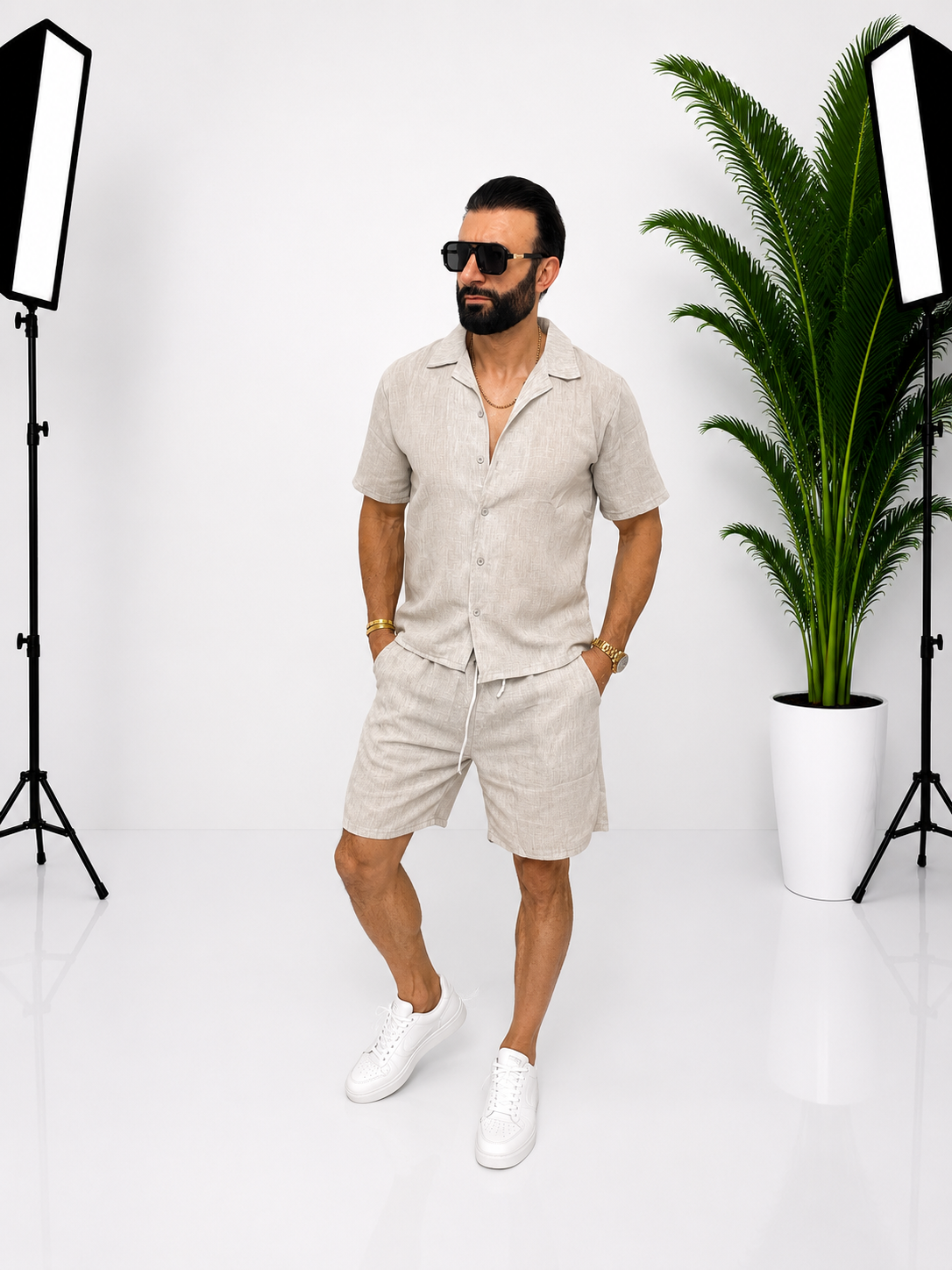 Set bărbătesc din in bej – Cămașă cu mânecă scurtă și pantaloni scurți pentru vară