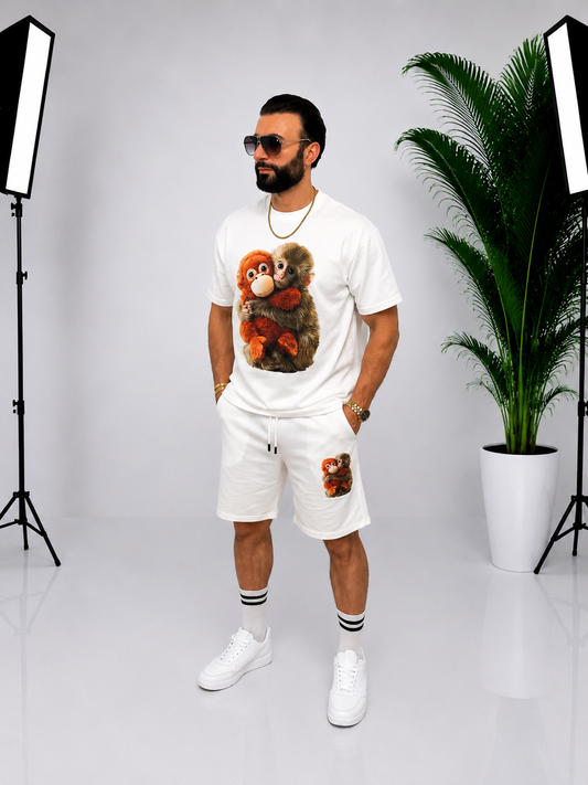 Set bărbătesc alb cu imprimeu grafic – Tricou și pantaloni scurți casual pentru vară