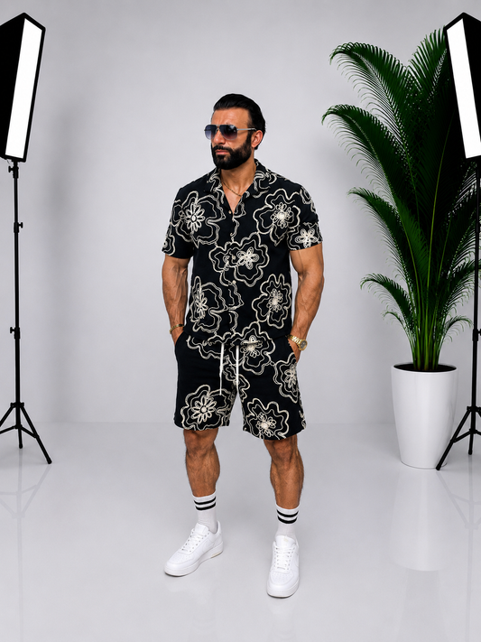 Set bărbătesc din in negru – Cămașă cu mânecă scurtă și pantaloni scurți cu imprimeu floral