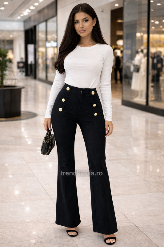 Pantaloni negri evazați cu nasturi aurii – eleganță și confort premium