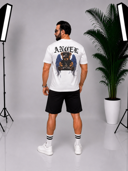 Set bărbătesc alb-negru cu imprimeu Angel Bear – Tricou și pantaloni scurți casua