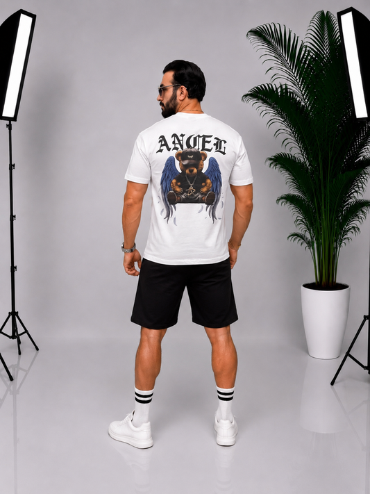 Set bărbătesc alb-negru cu imprimeu Angel Bear – Tricou și pantaloni scurți casua