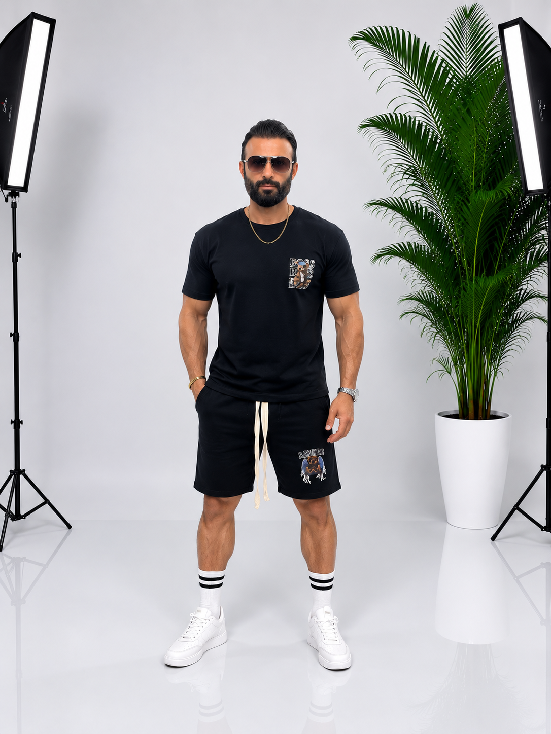 Set bărbătesc negru cu imprimeu Boss Bear – Tricou și pantaloni scurți în stil urban