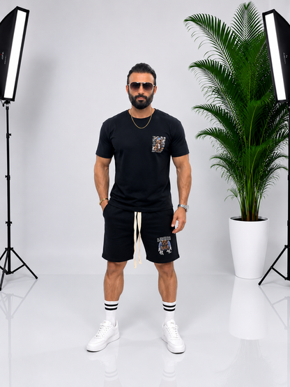 Set bărbătesc negru cu imprimeu Boss Bear – Tricou și pantaloni scurți în stil urban