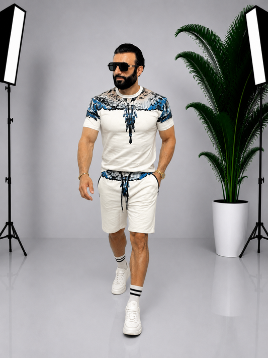 Set bărbătesc Bej descjis – Tricou și pantaloni scurți cu imprimeu grafic față-spate