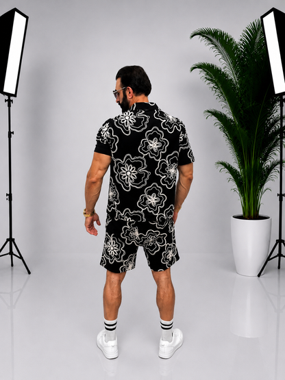 Set Bărbați din In Negru cu Model Floral – Cămașă cu Mânecă Scurtă și Pantaloni Scurți