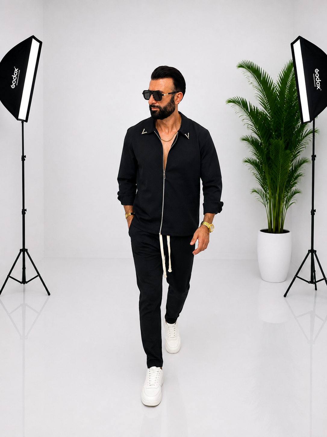 🖤 SET BĂRBĂTESC CU CĂMAȘĂ CU FERMOAR ȘI PANTALONI – SIMBOL „V” | STIL MODERN
