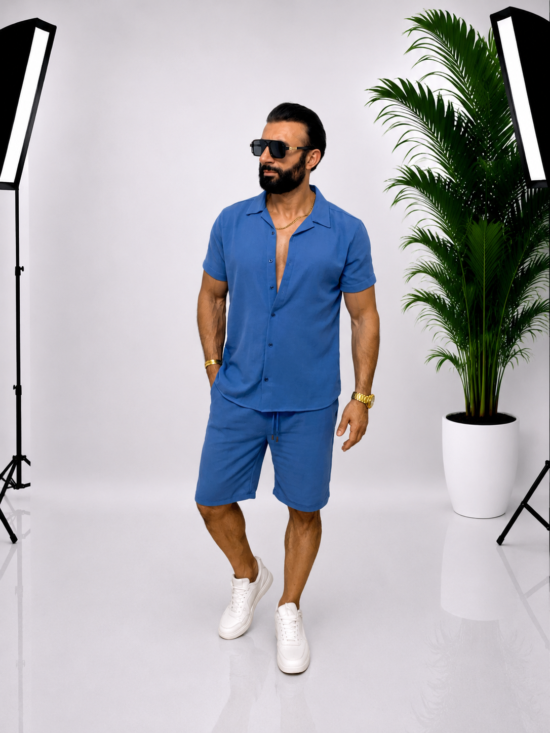 💙 Set bărbătesc din bumbac – Cămașă cu mânecă scurtă & Pantaloni