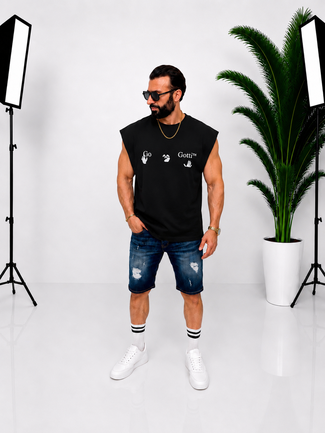 Maieu bărbătesc oversize GOTTI fără mâneci negru cu imprimeu grafic pe spate – Stil casual și streetwear